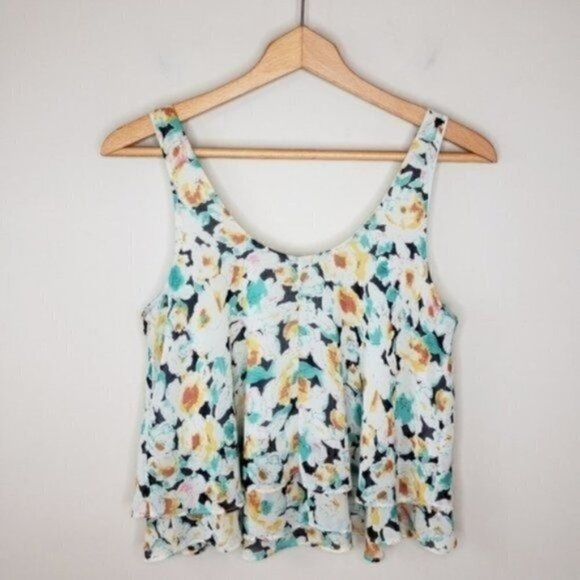 Soprano | Layered Look Cropped Floral Tank Blouse Size Small Green Yellow White - Picture 2 of 5